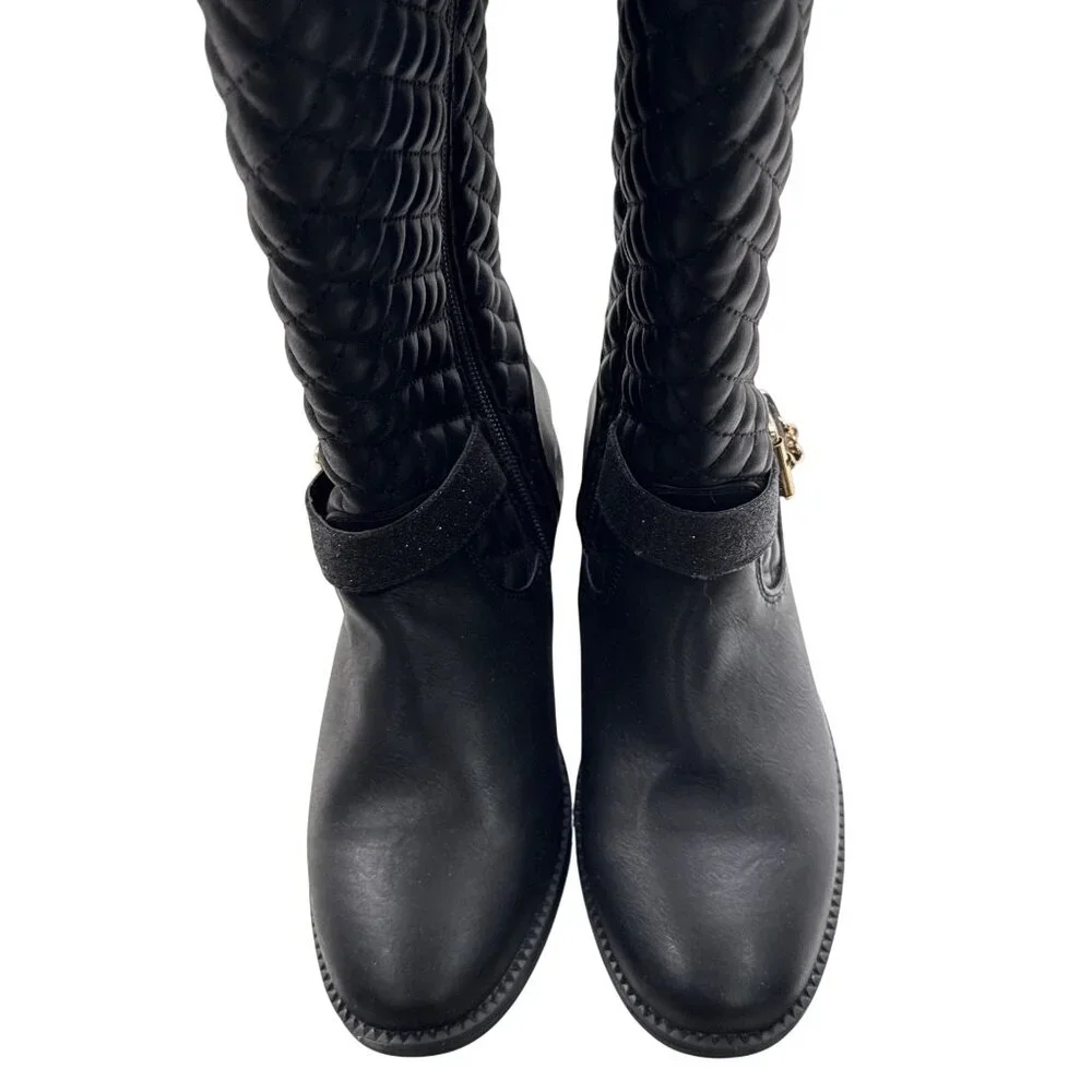 Skechers Girls Black Quilted Knee-High Boots With Gold Buckles & Side Zippers - - Picture 5 of 10